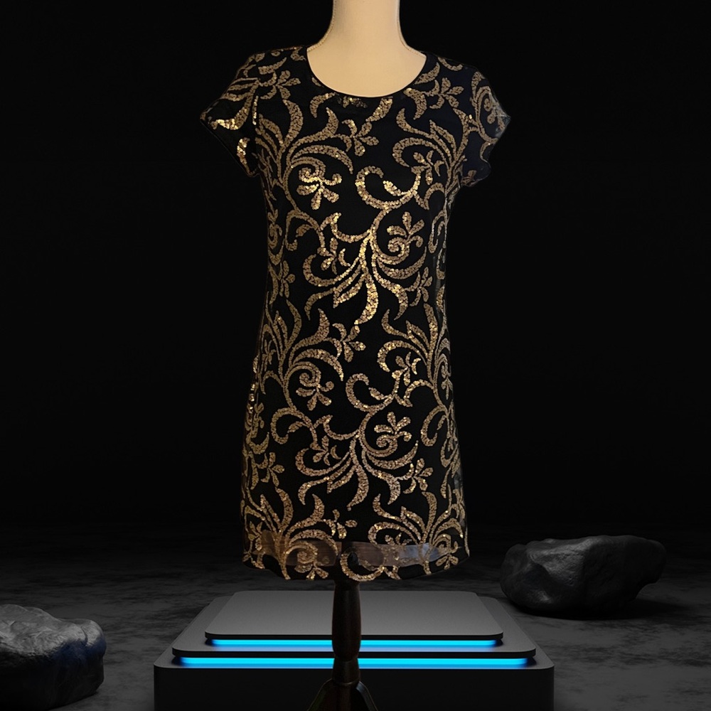 “Kensie” black dress with gold sequins- excellent condition. Size 2